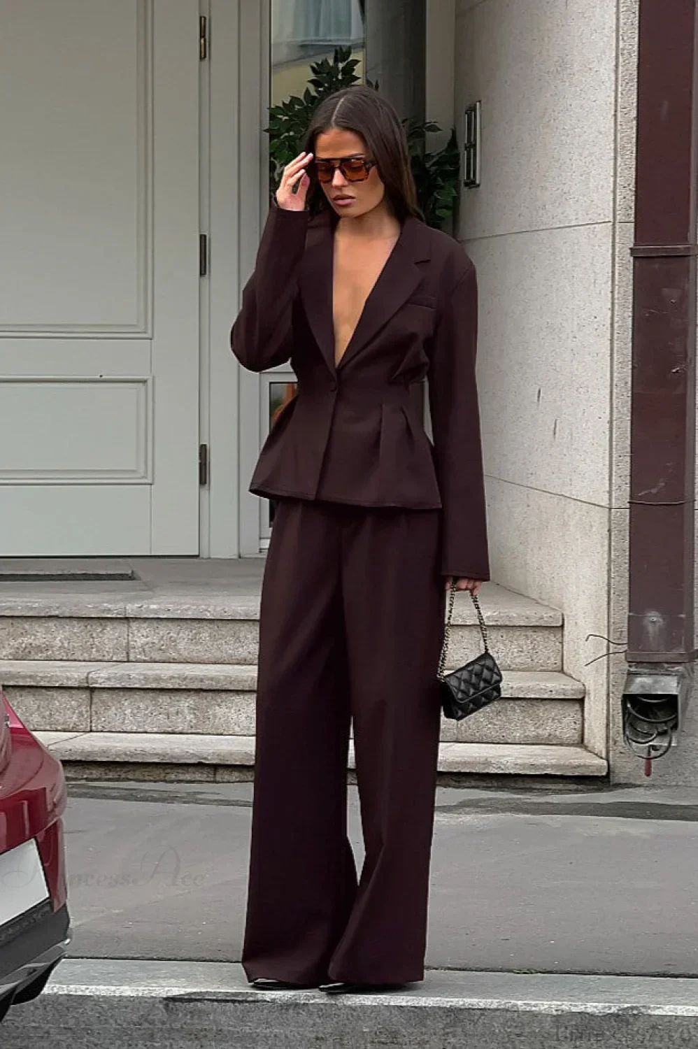Vintage Deep V-Neck Fitted Waist Blazer Long Sleeve Two Piece Set - Image 4