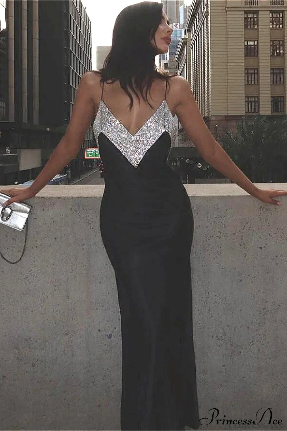 Deep V Rhinestone Collar Bandage Spaghetti Strap Maxi Party Dress