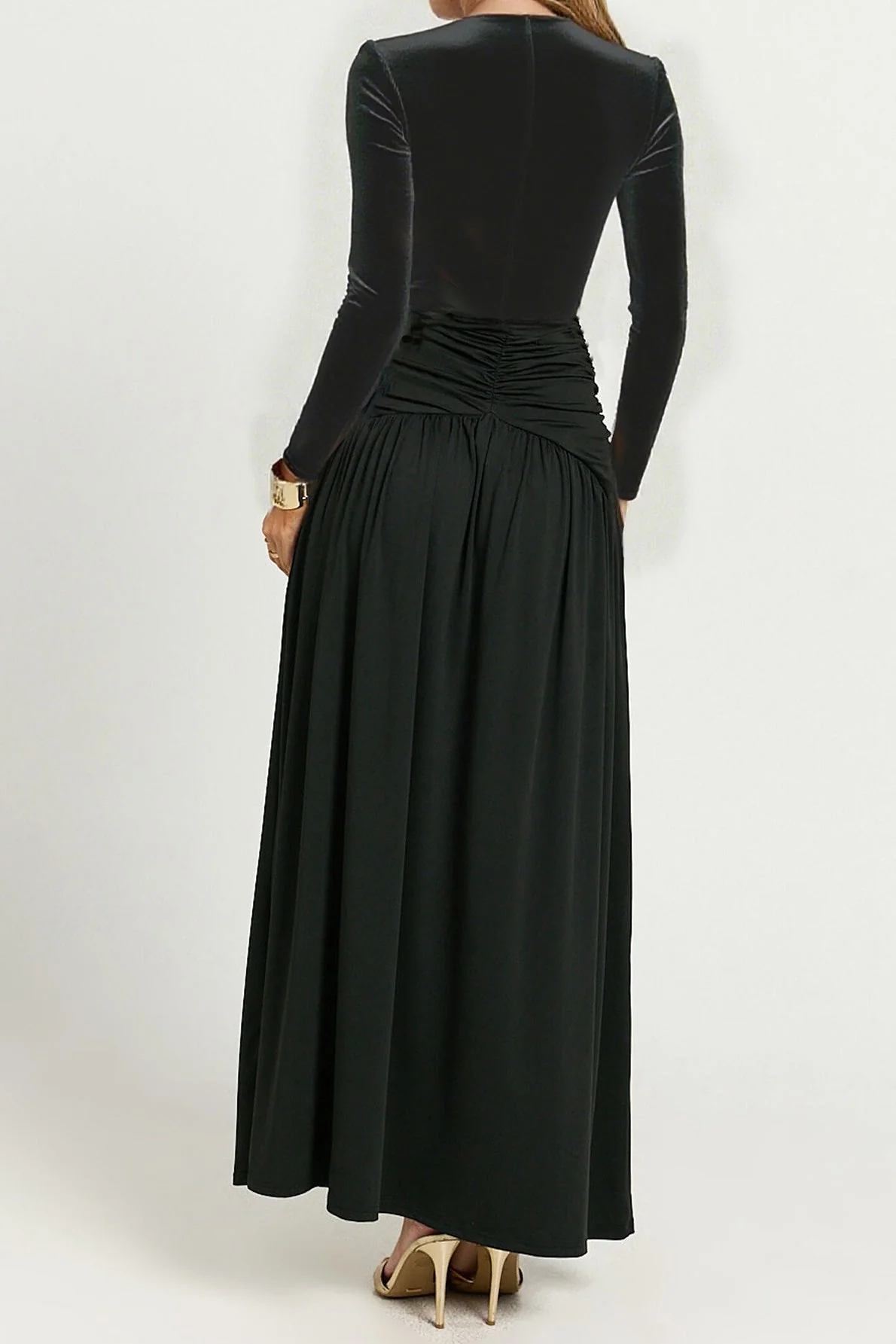 Deep V Ruched Long Sleeve Slit Fitted Waist Maxi Dress - Image 12