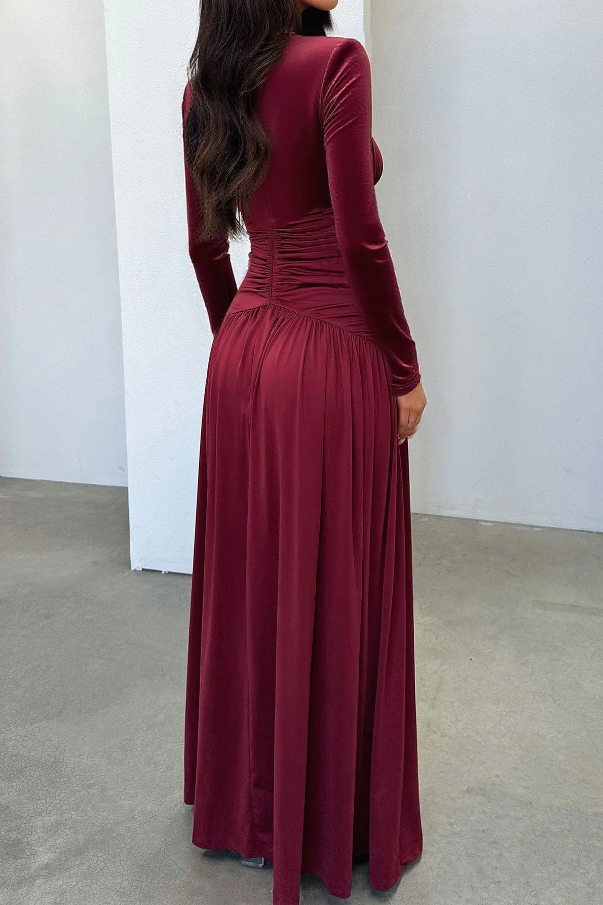 Deep V Ruched Long Sleeve Slit Fitted Waist Maxi Dress - Image 3