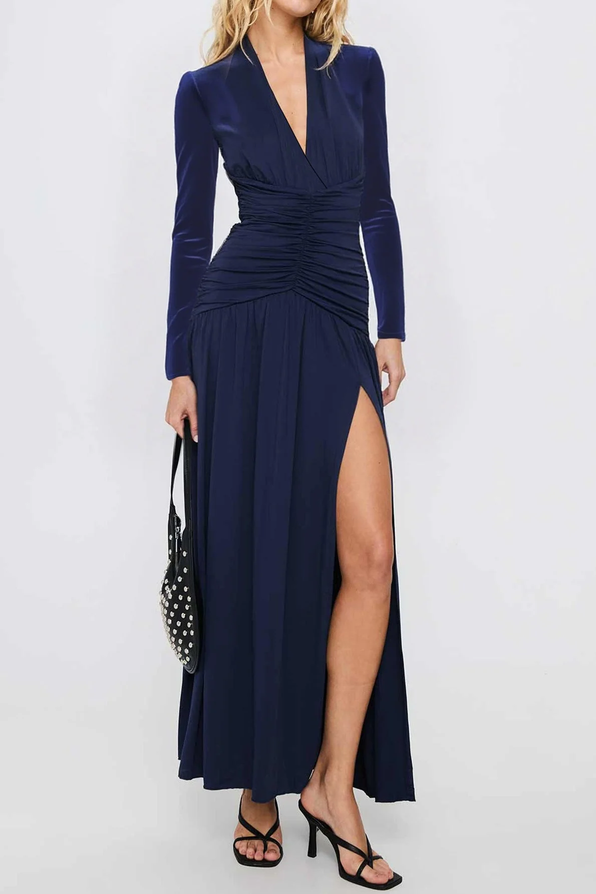 Deep V Ruched Long Sleeve Slit Fitted Waist Maxi Dress - Image 7