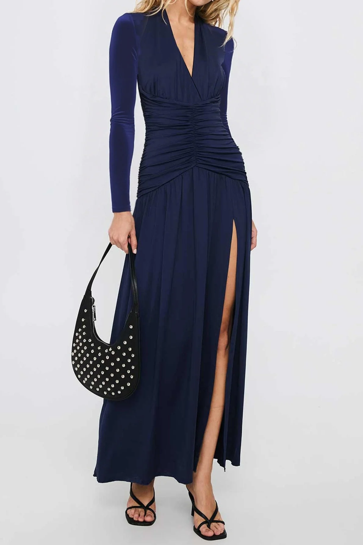 Deep V Ruched Long Sleeve Slit Fitted Waist Maxi Dress - Image 8