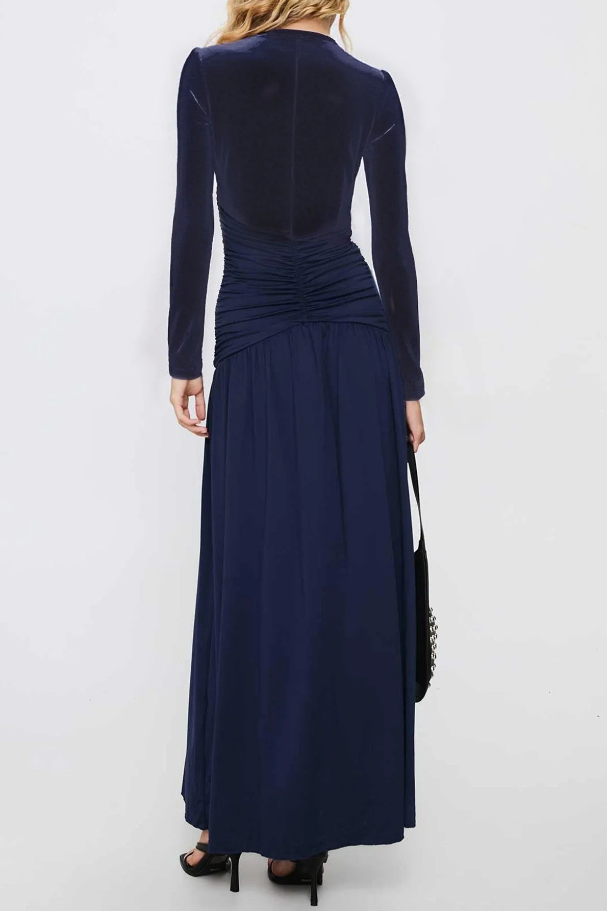 Deep V Ruched Long Sleeve Slit Fitted Waist Maxi Dress - Image 9
