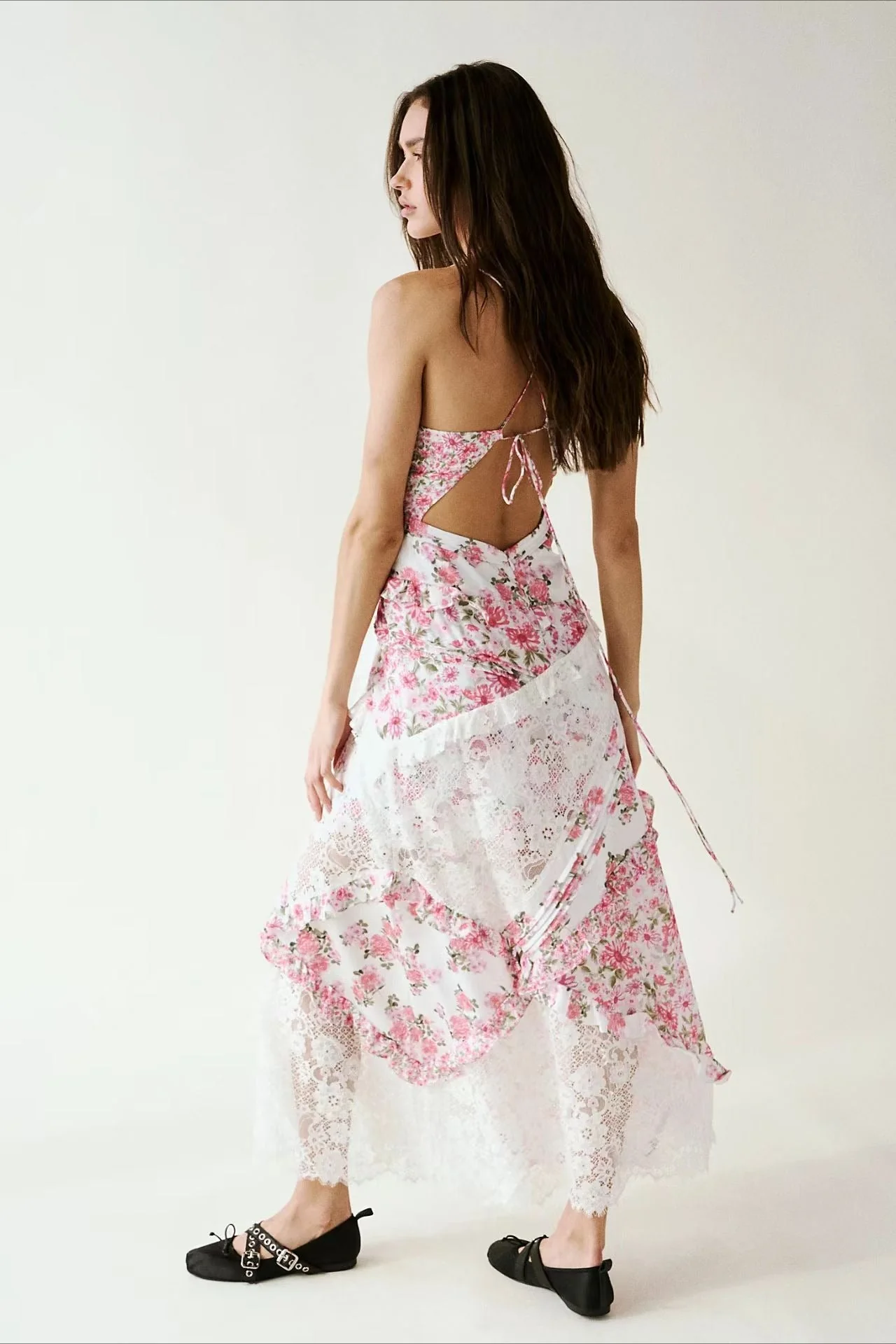 Deep V Ruffle Floral Lace Patchwork Cami Maxi Dress - Image 11