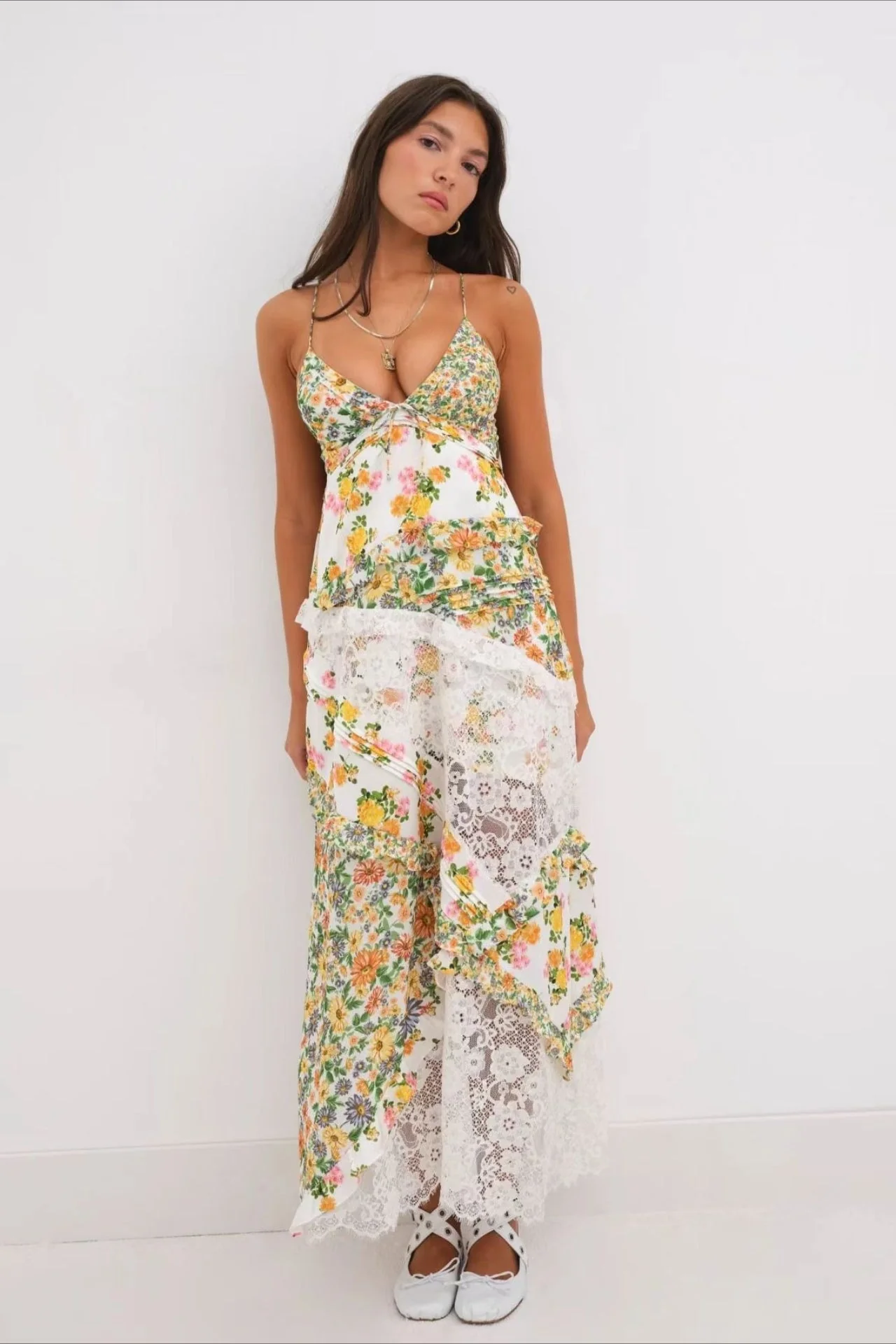 Deep V Ruffle Floral Lace Patchwork Cami Maxi Dress - Image 12