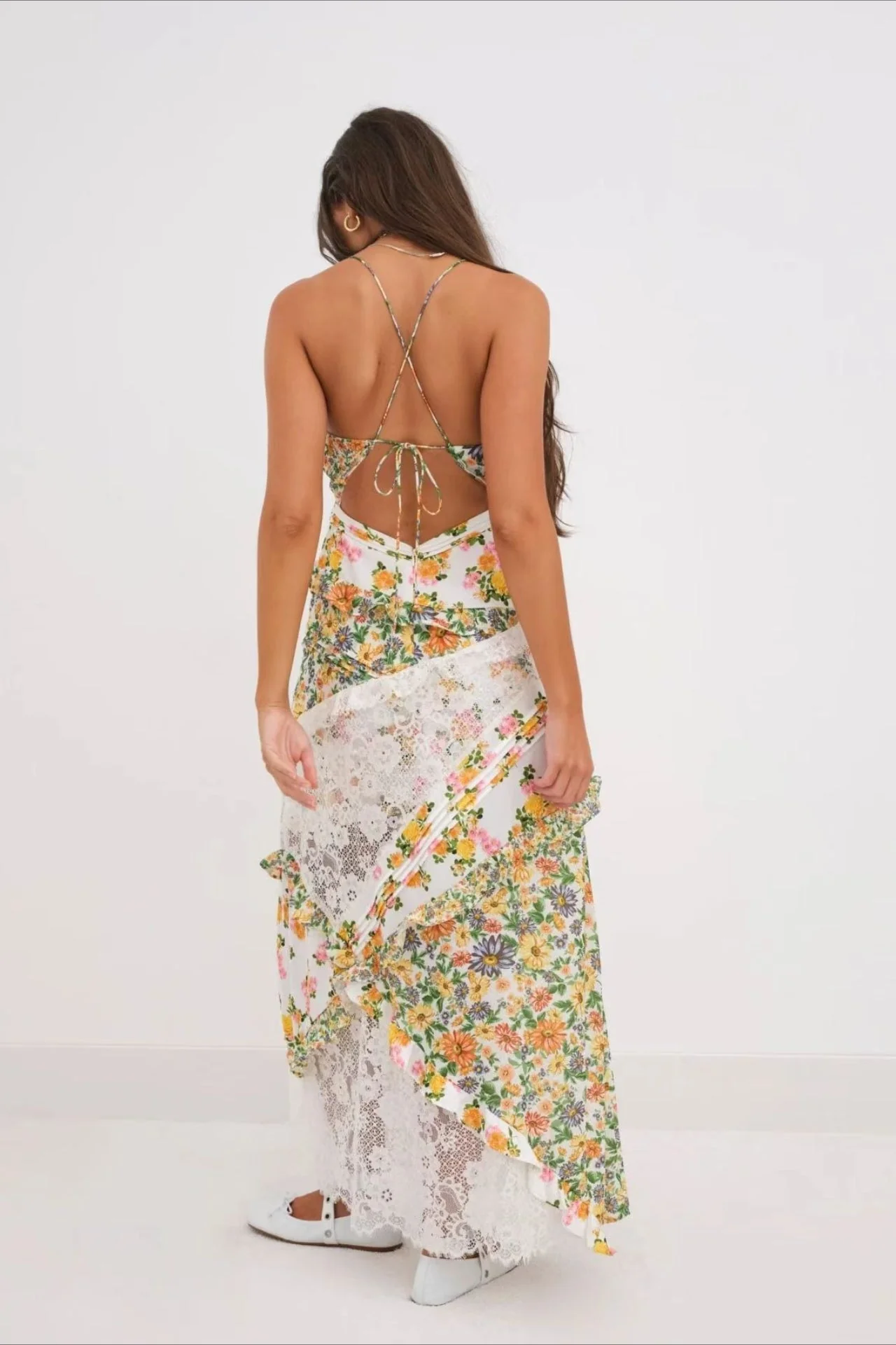 Deep V Ruffle Floral Lace Patchwork Cami Maxi Dress - Image 14