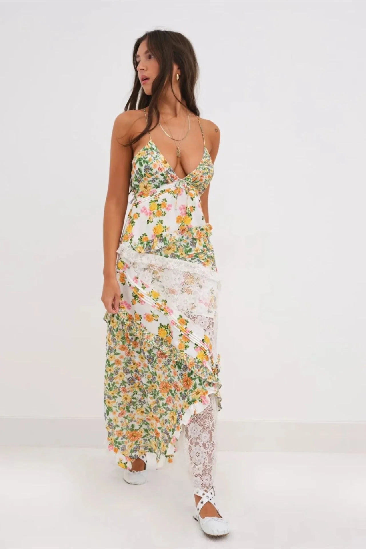 Deep V Ruffle Floral Lace Patchwork Cami Maxi Dress - Image 15
