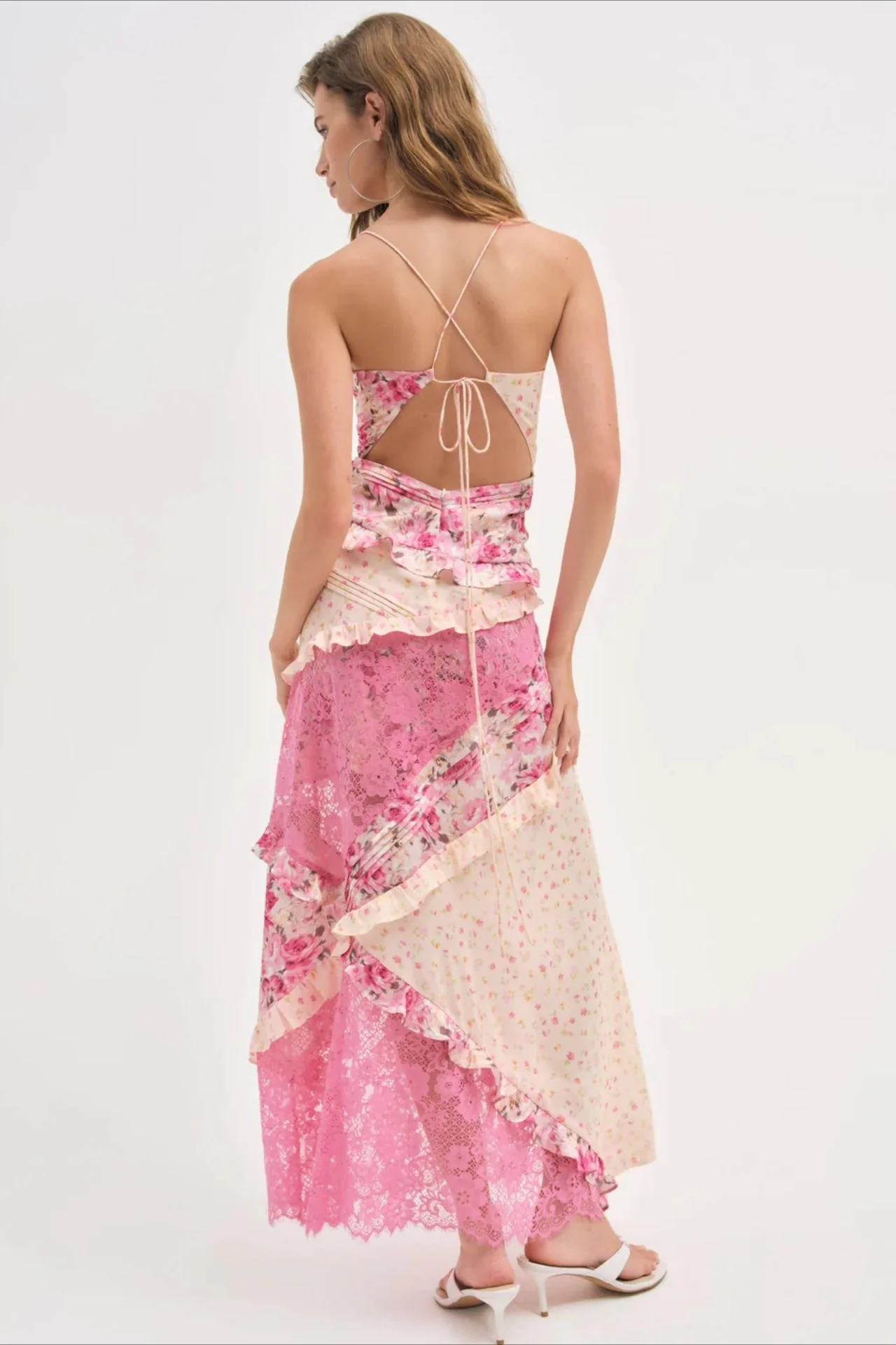 Deep V Ruffle Floral Lace Patchwork Cami Maxi Dress - Image 3
