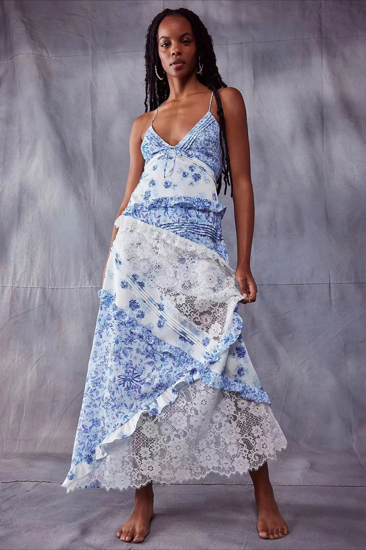 Deep V Ruffle Floral Lace Patchwork Cami Maxi Dress - Image 4