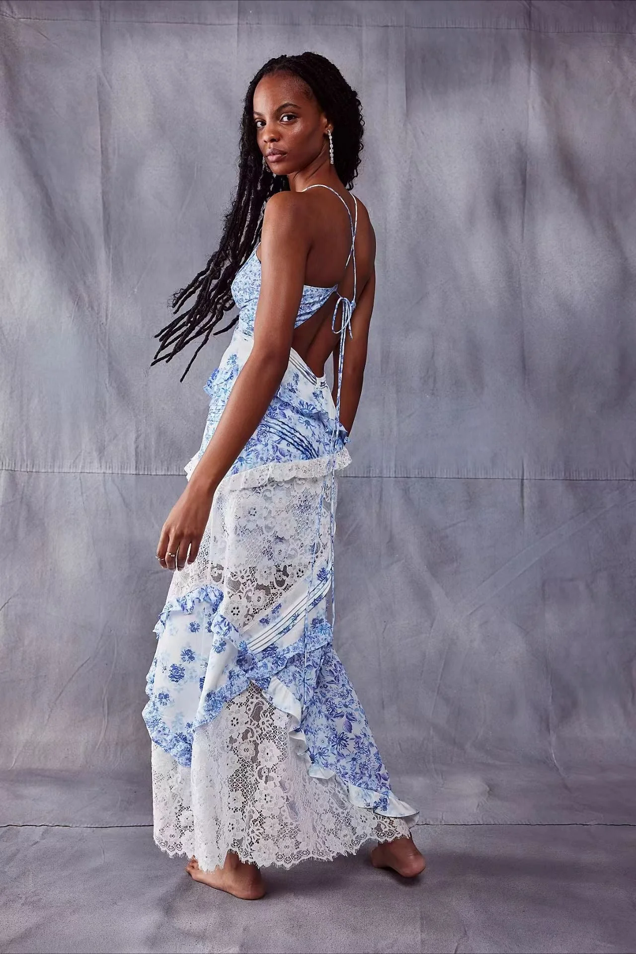 Deep V Ruffle Floral Lace Patchwork Cami Maxi Dress - Image 5