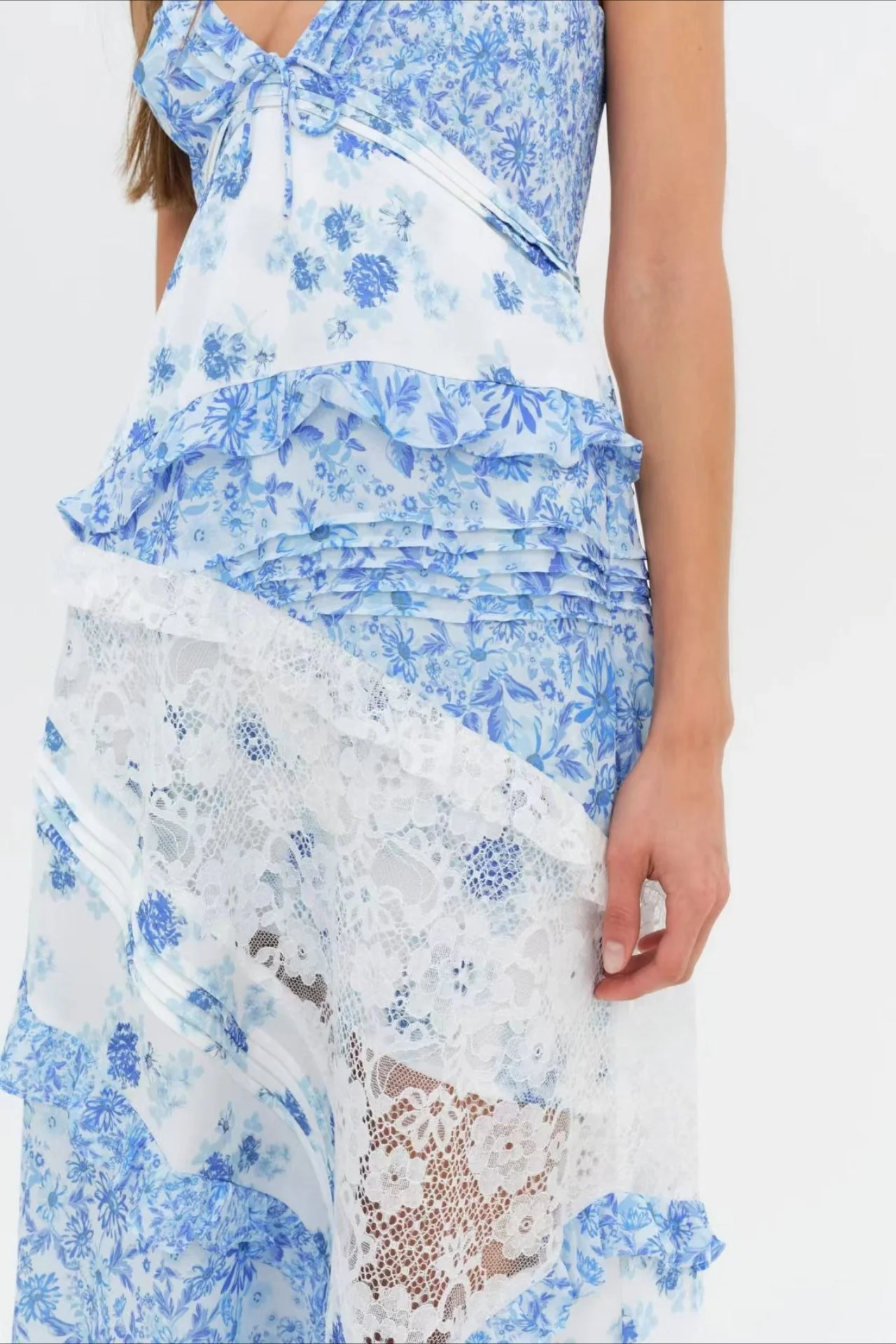 Deep V Ruffle Floral Lace Patchwork Cami Maxi Dress - Image 6