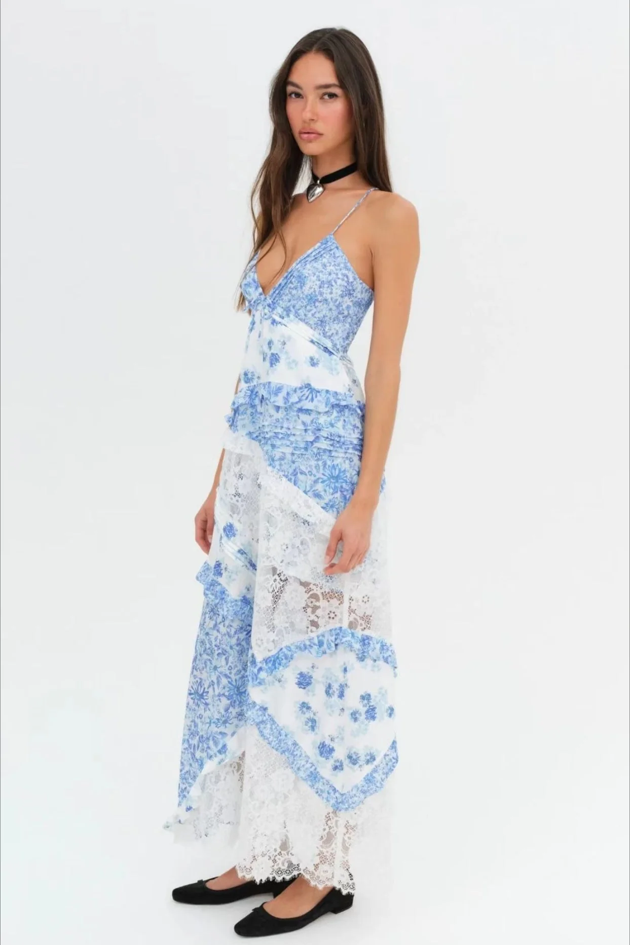 Deep V Ruffle Floral Lace Patchwork Cami Maxi Dress - Image 7