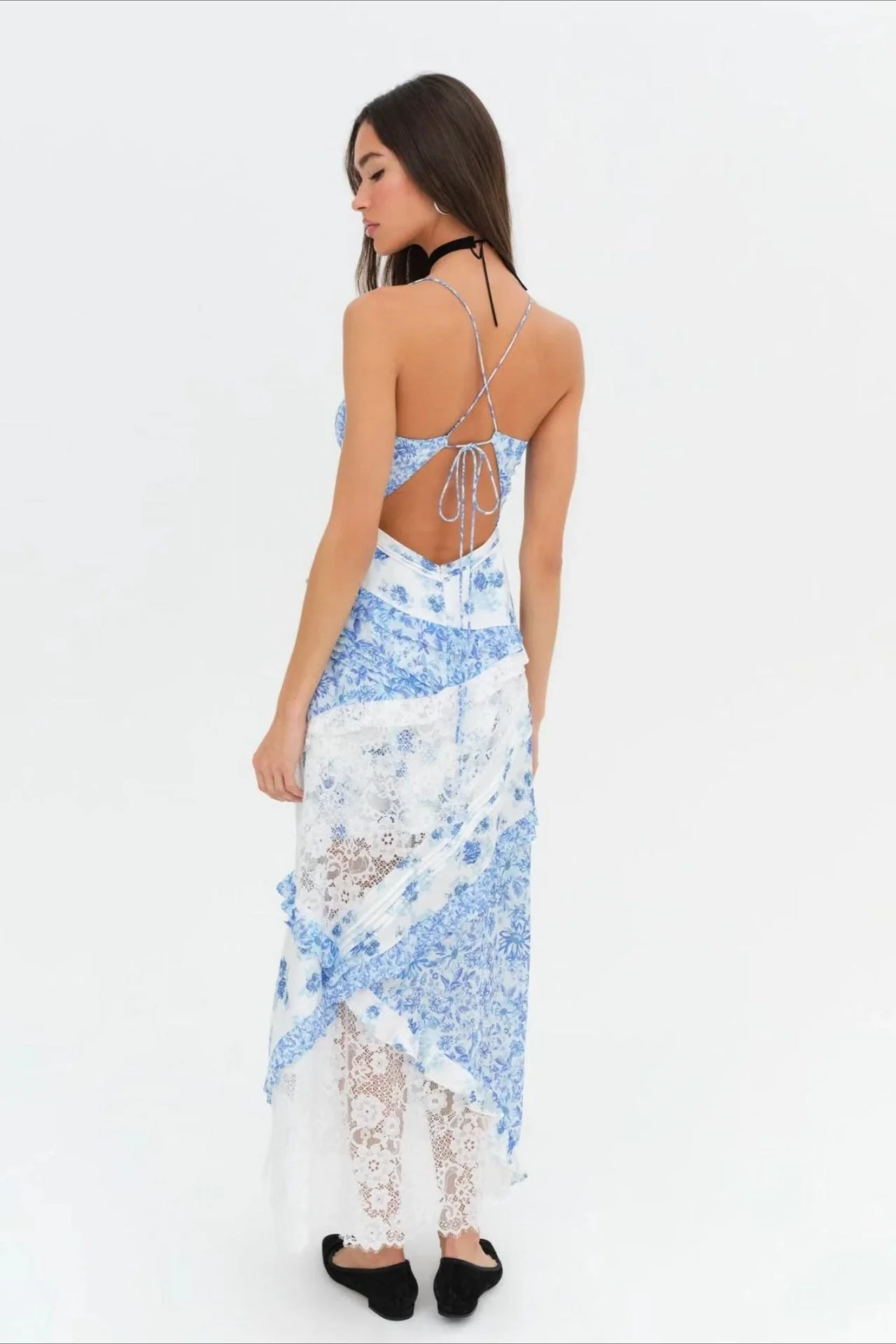Deep V Ruffle Floral Lace Patchwork Cami Maxi Dress - Image 8