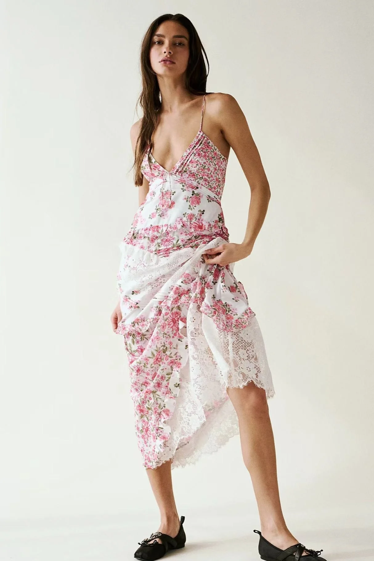 Deep V Ruffle Floral Lace Patchwork Cami Maxi Dress - Image 9