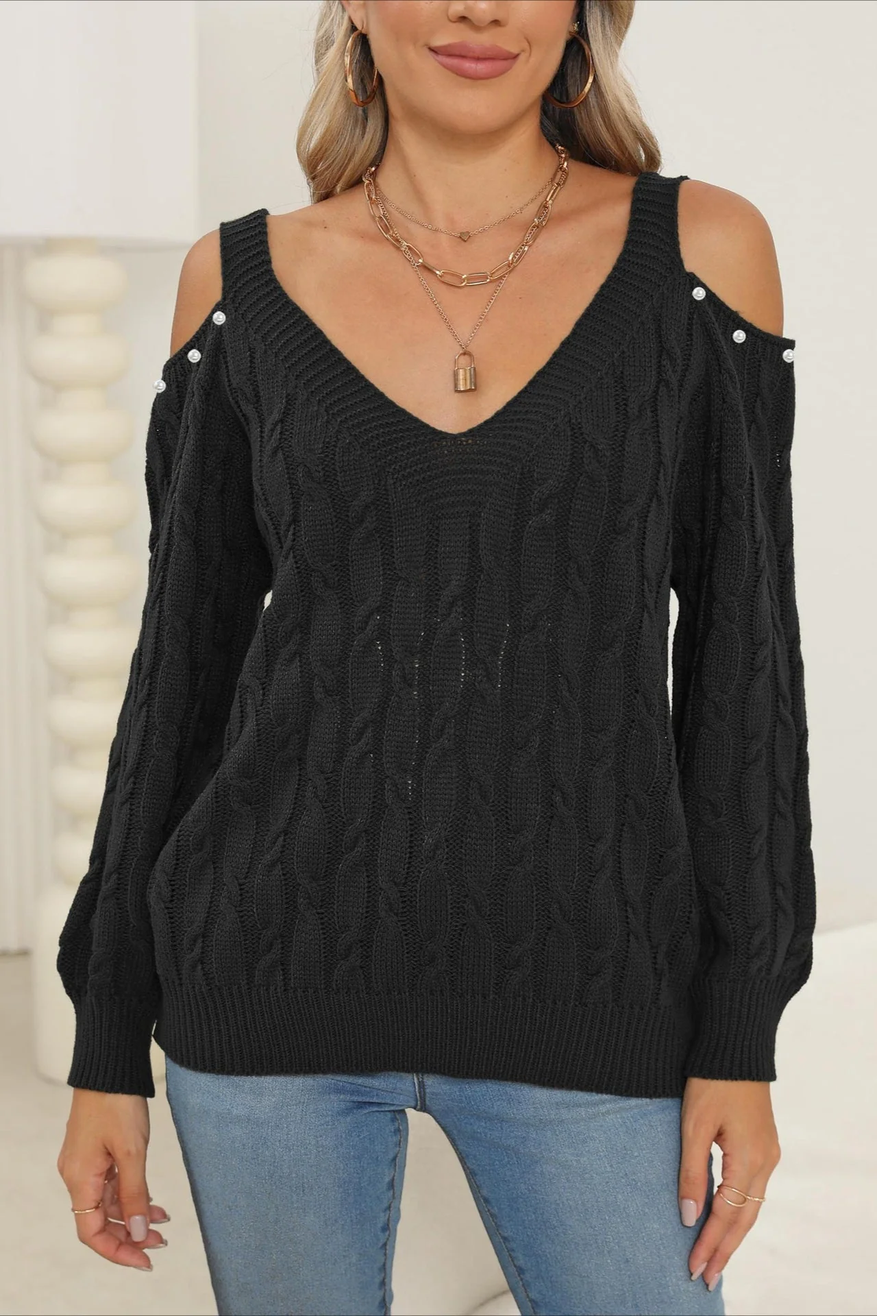 Deep V Sexy Off-Shoulder Loose Pullover Sweater - Image 10