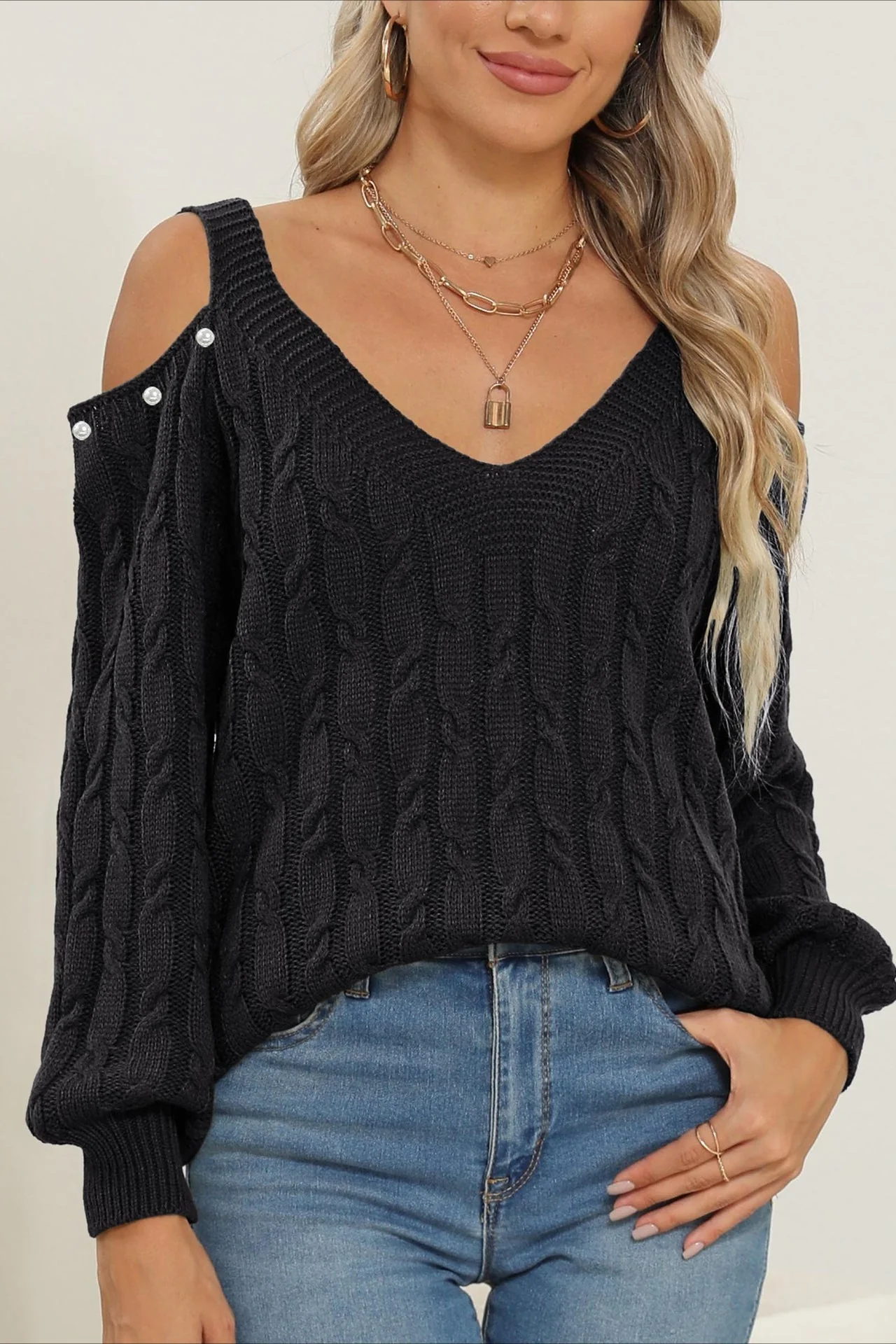 Deep V Sexy Off-Shoulder Loose Pullover Sweater - Image 11
