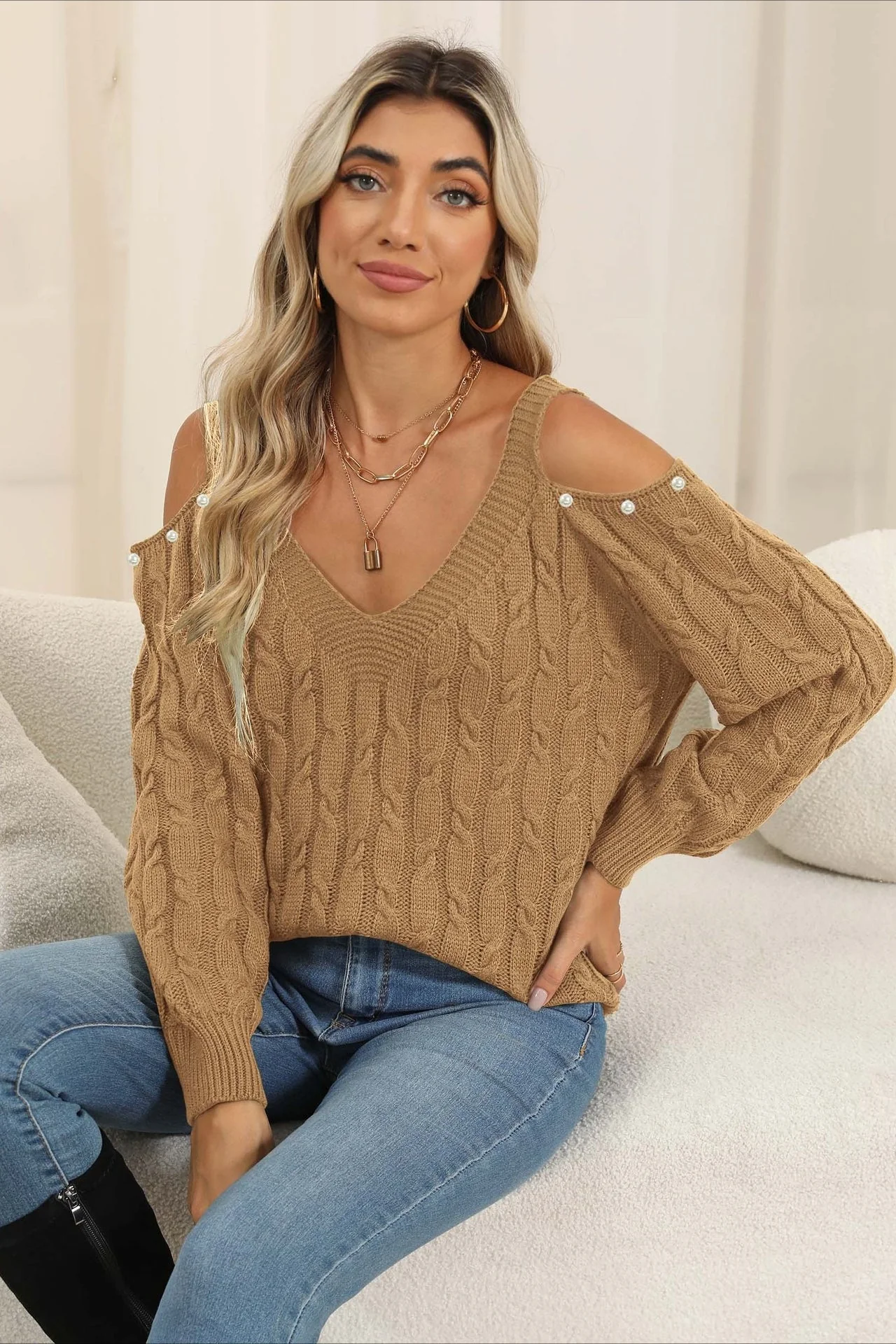 Deep V Sexy Off-Shoulder Loose Pullover Sweater - Image 13