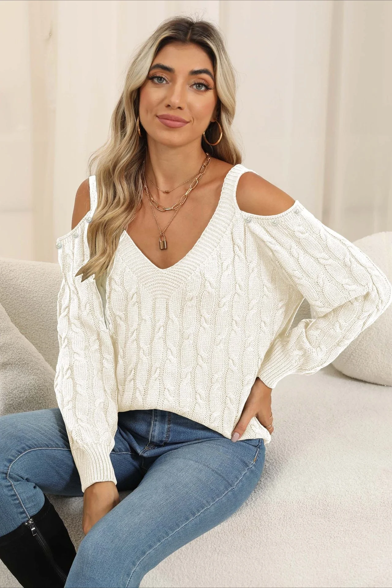 Deep V Sexy Off-Shoulder Loose Pullover Sweater - Image 6