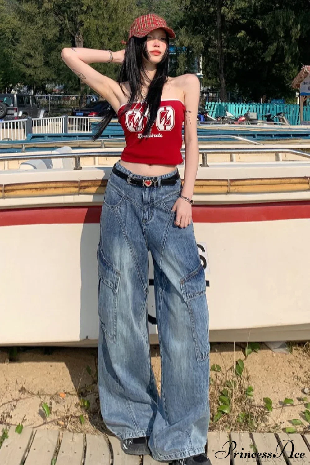 Denim Diagonal Split Wide Leg Cargo Pants - Image 2