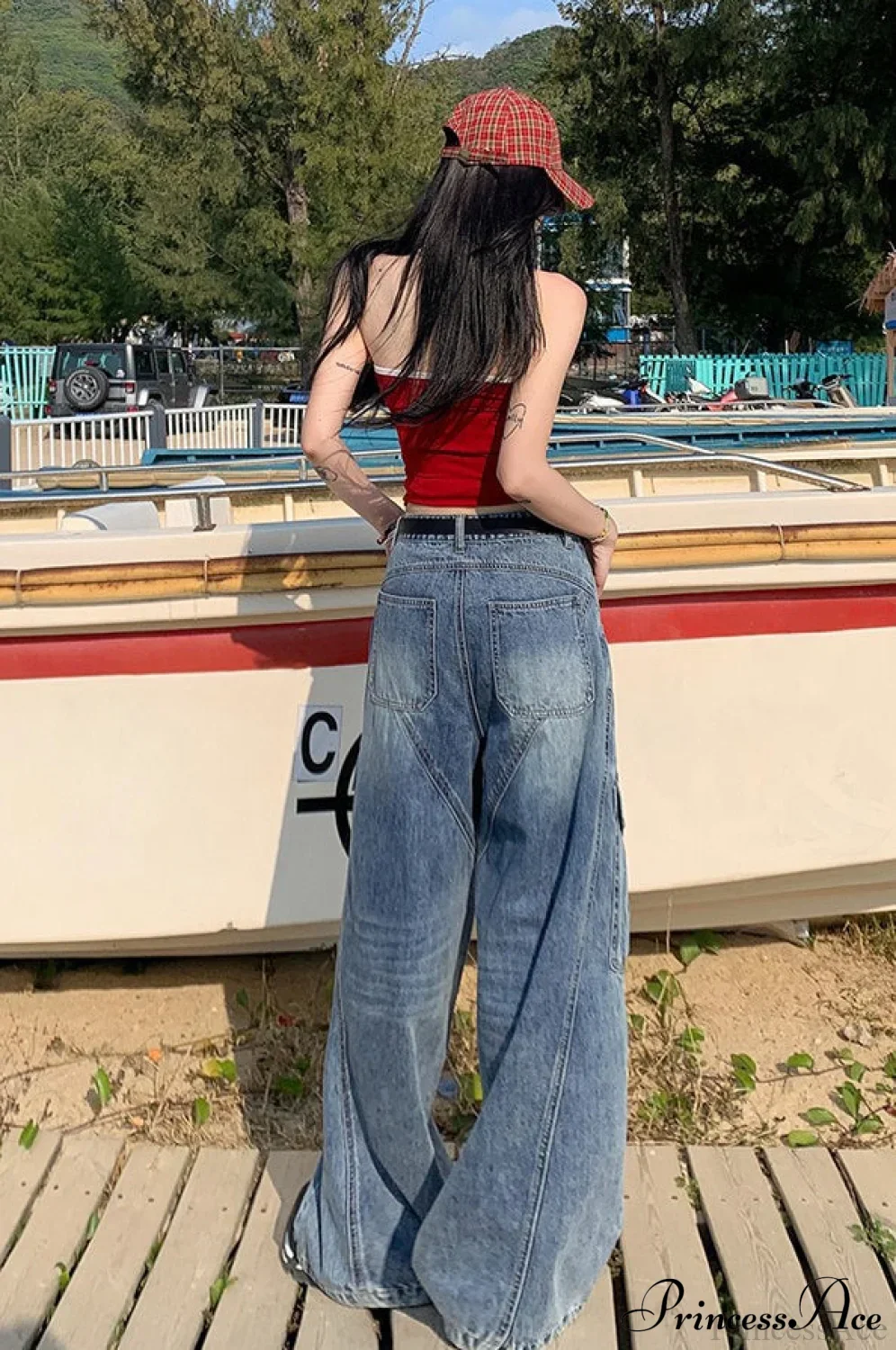 Denim Diagonal Split Wide Leg Cargo Pants - Image 3
