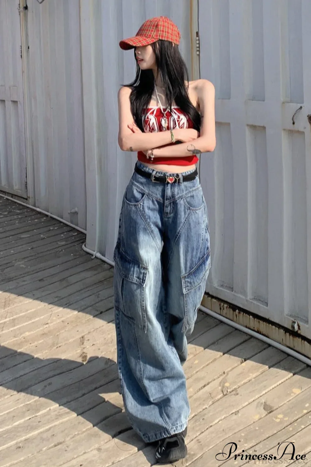Denim Diagonal Split Wide Leg Cargo Pants - Image 4