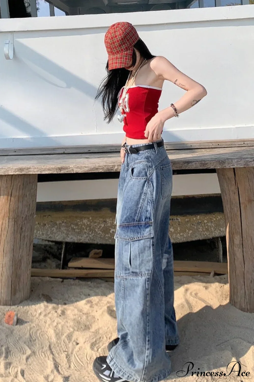 Denim Diagonal Split Wide Leg Cargo Pants - Image 6