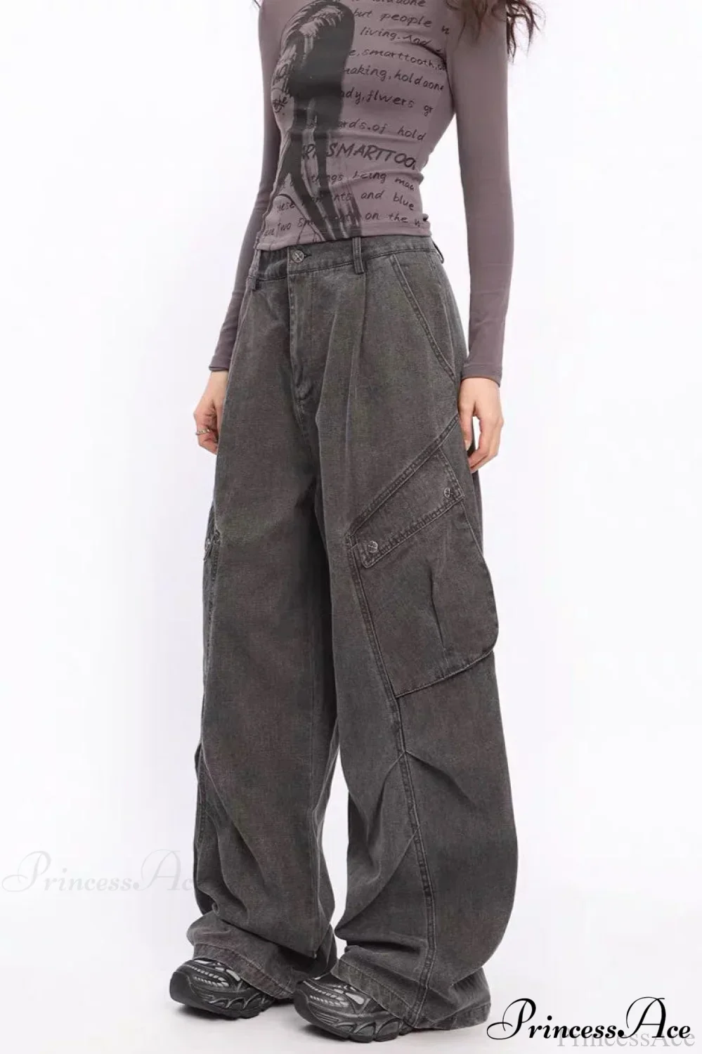 Denim Large Pocket Wide-Leg Cargo Pants - Image 2