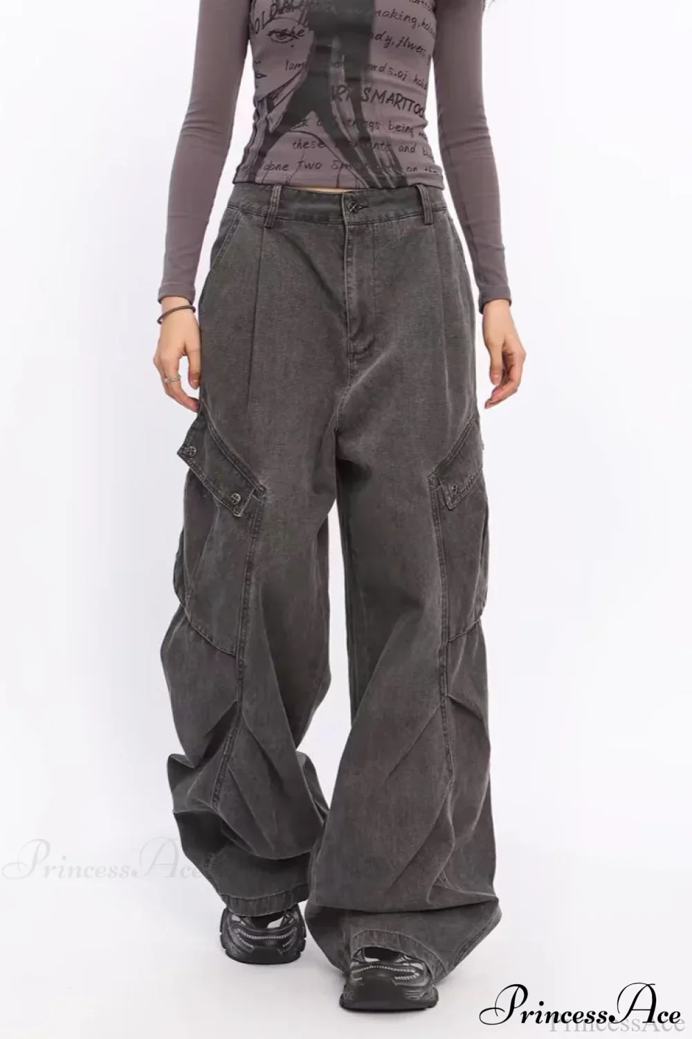 Denim Large Pocket Wide-Leg Cargo Pants - Image 3
