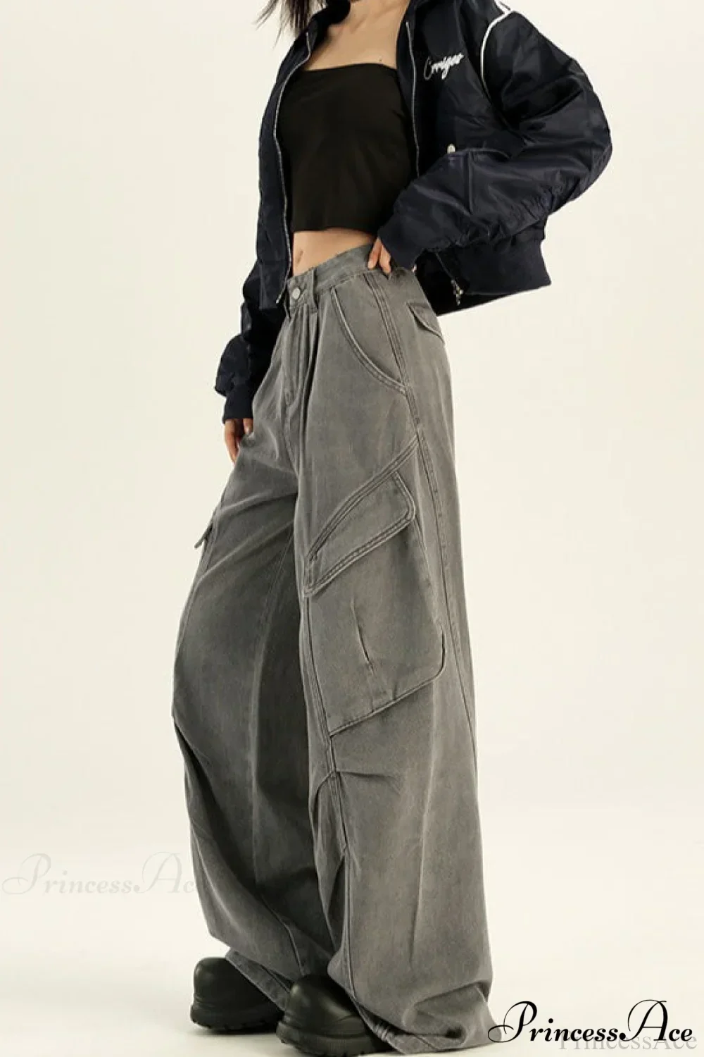 Denim Loose Wide Leg Flattering Cargo Pants - Image 6