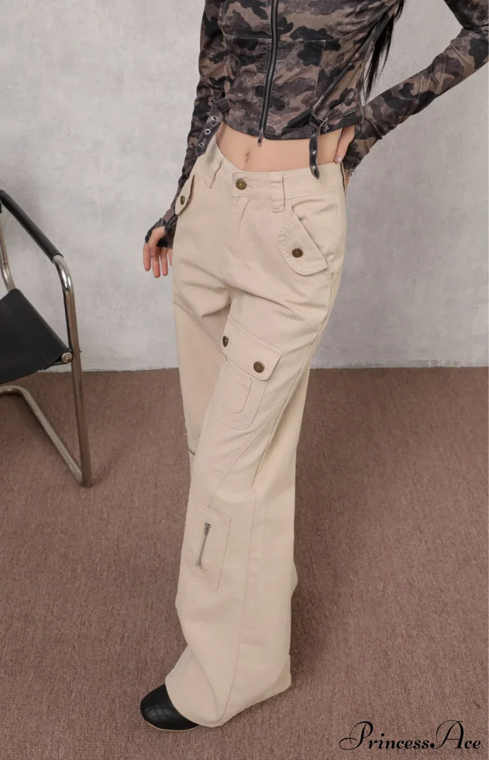 Denim Multi-Pocket High Waist Flared Cargo Pants - Image 2