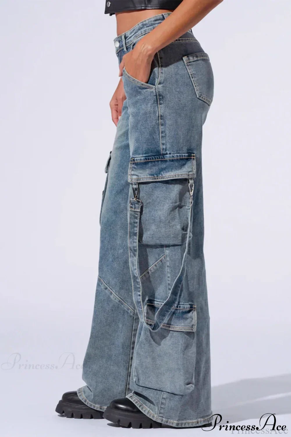 Denim Multi-Pocket Wide-Leg Cargo Pants - Image 3