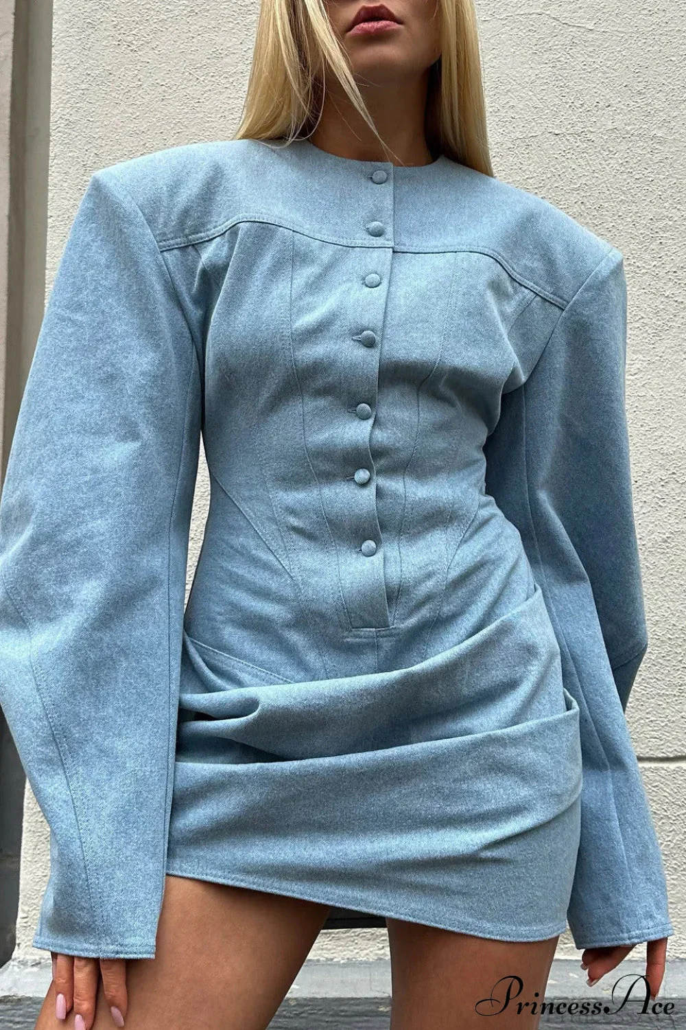 Denim Padded Shoulder Crew Neck Tie Waist Mini Dress - Image 2