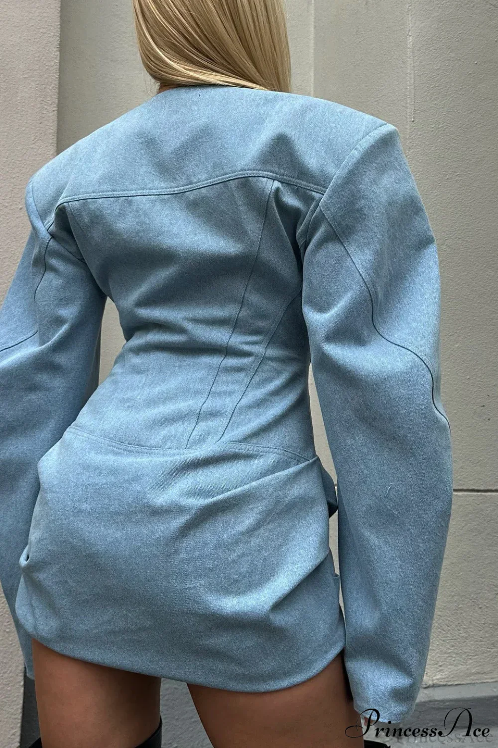 Denim Padded Shoulder Crew Neck Tie Waist Mini Dress - Image 3