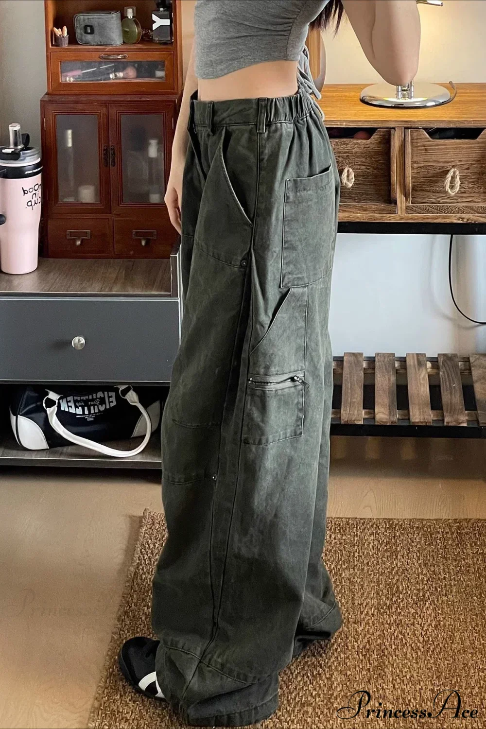 Denim Washed Distressed Loose Cargo Pants - Image 2