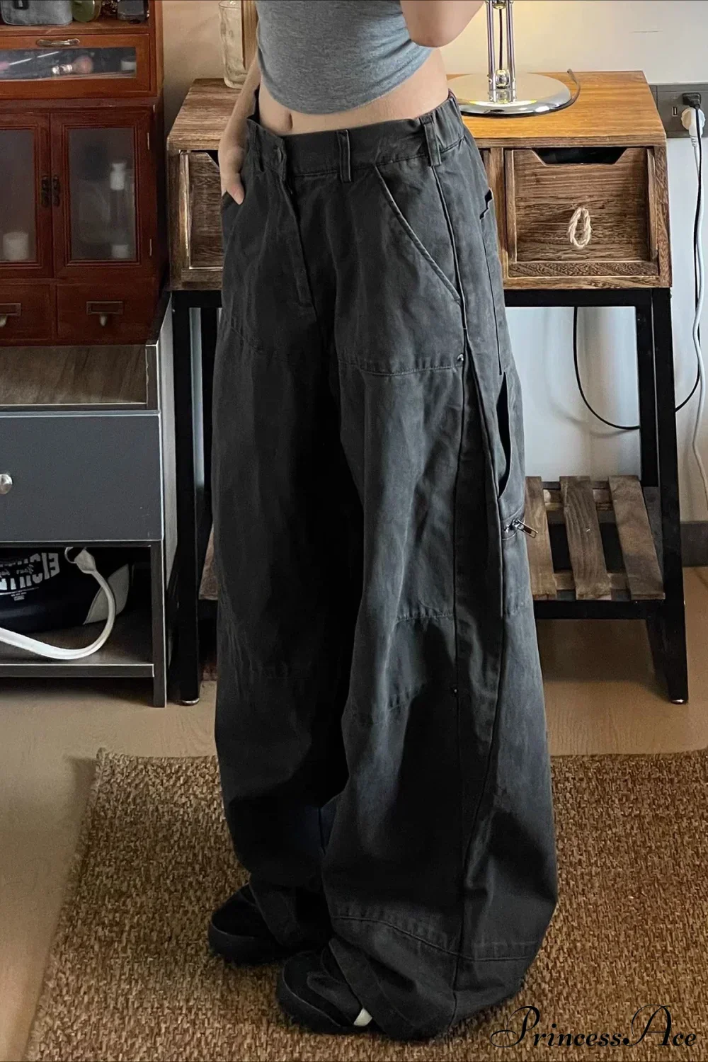 Denim Washed Distressed Loose Cargo Pants - Image 5