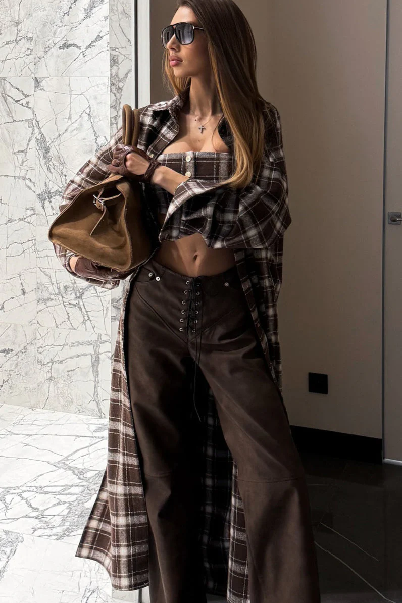 Designer Plaid Long Oversized Knee Length Shirt Overcoat - Image 2