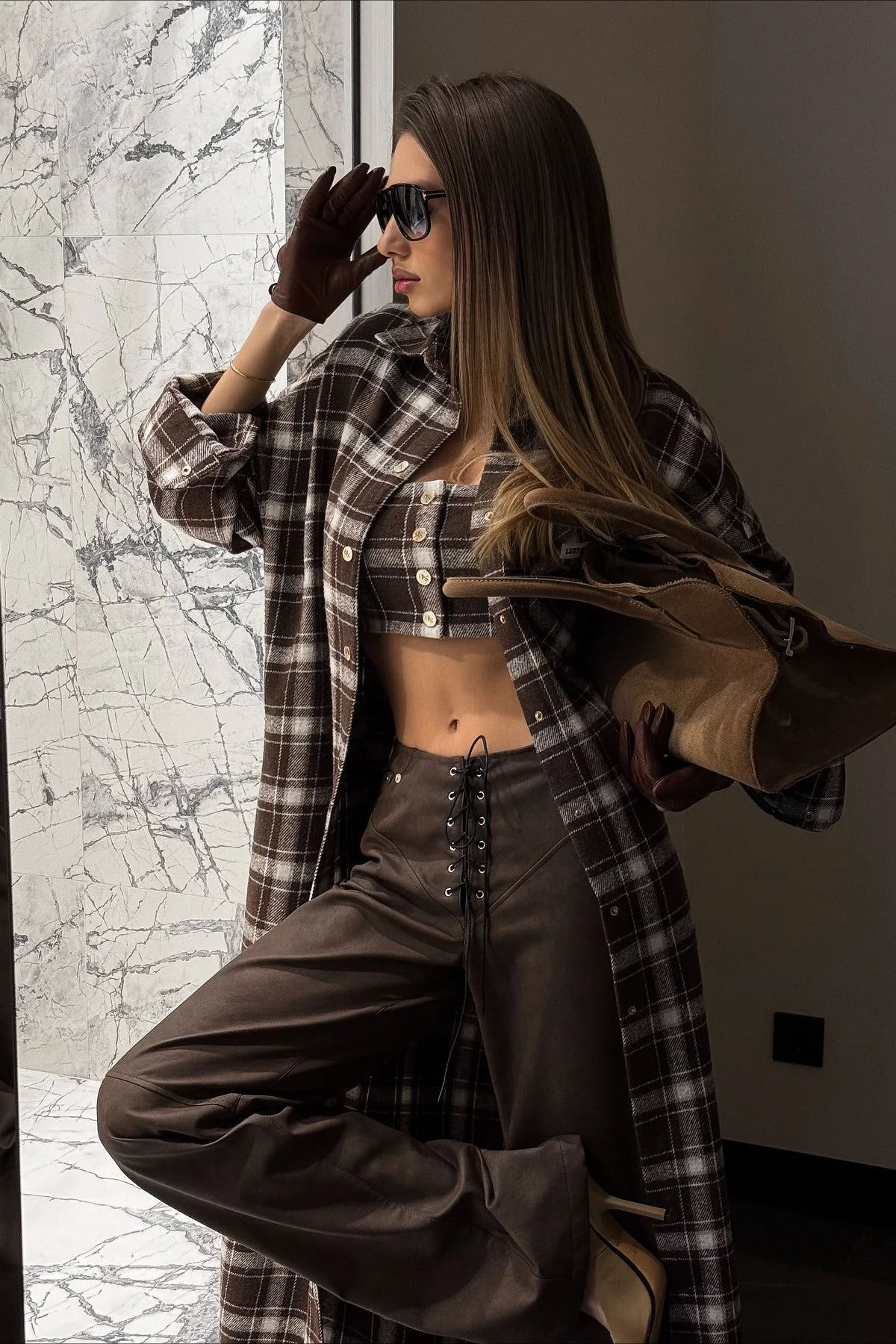 Designer Plaid Long Oversized Knee Length Shirt Overcoat - Image 3