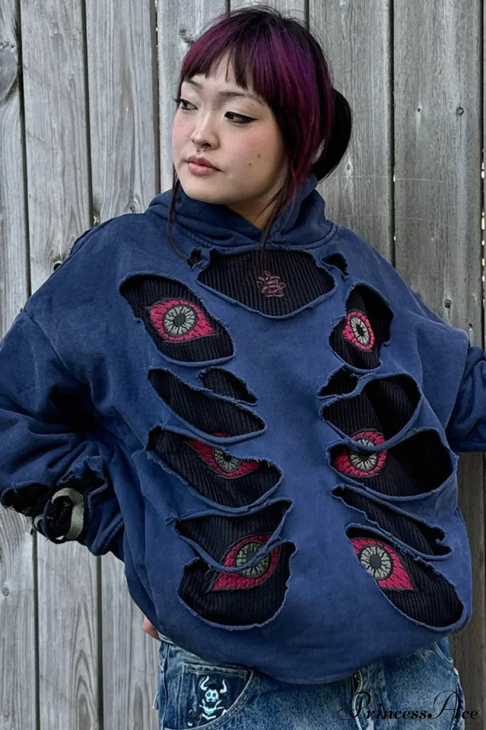 Devil Eye Ripped Embroidered Vintage Hoodie - Image 2