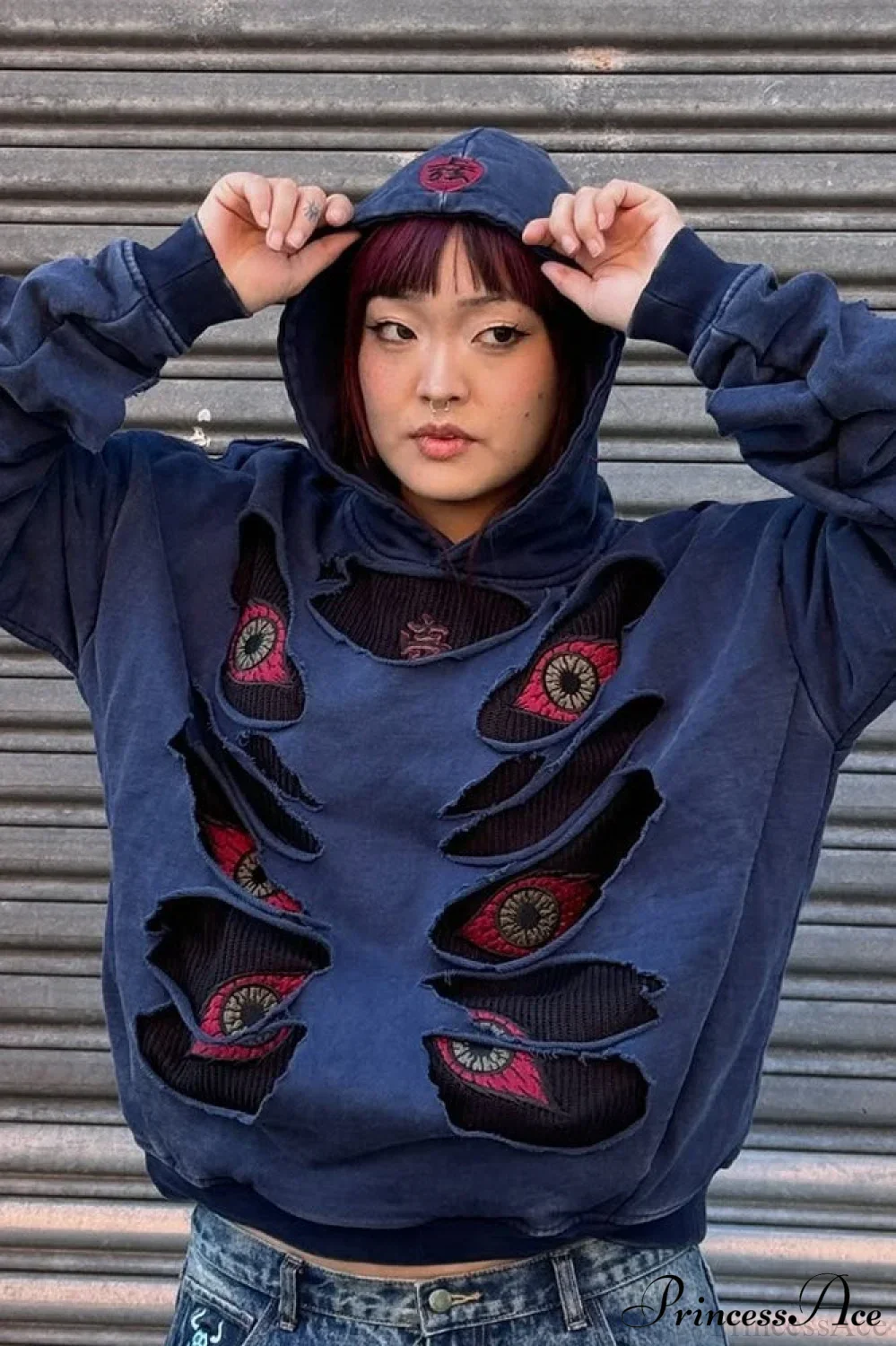 Devil Eye Ripped Embroidered Vintage Hoodie - Image 4