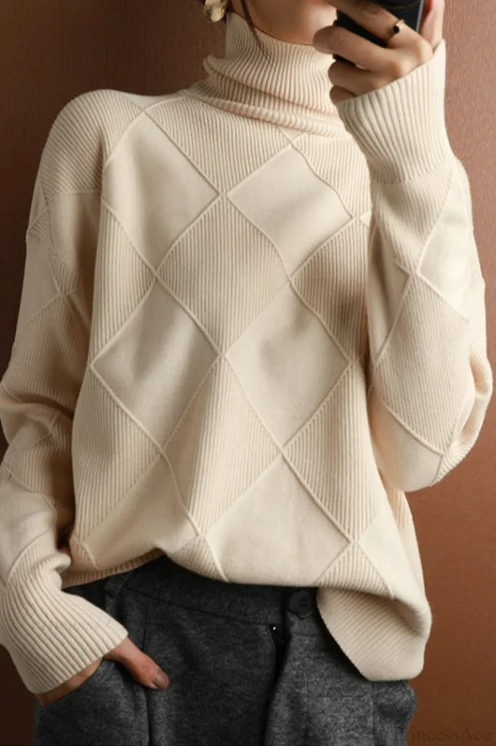 Diamond Pattern Turtleneck Loose Long-Sleeve Sweater - Image 10