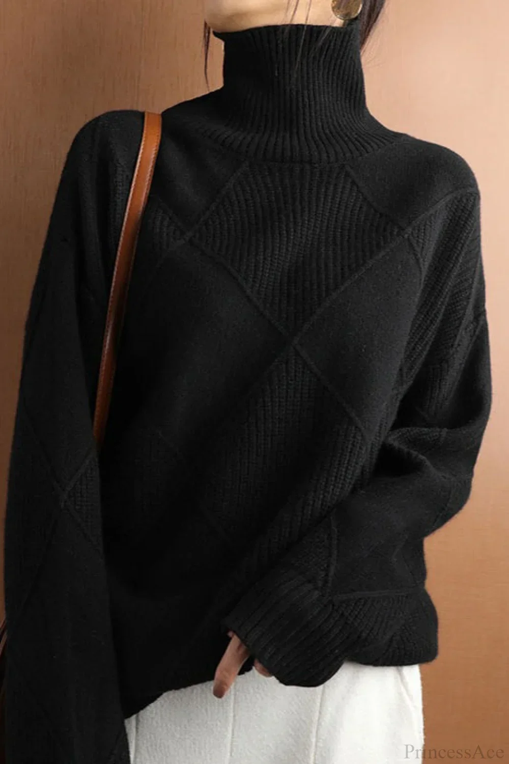 Diamond Pattern Turtleneck Loose Long-Sleeve Sweater - Image 11