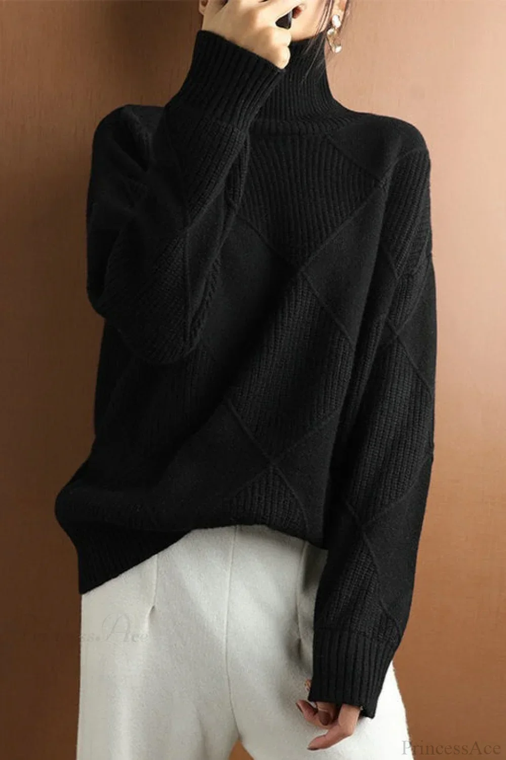 Diamond Pattern Turtleneck Loose Long-Sleeve Sweater - Image 12