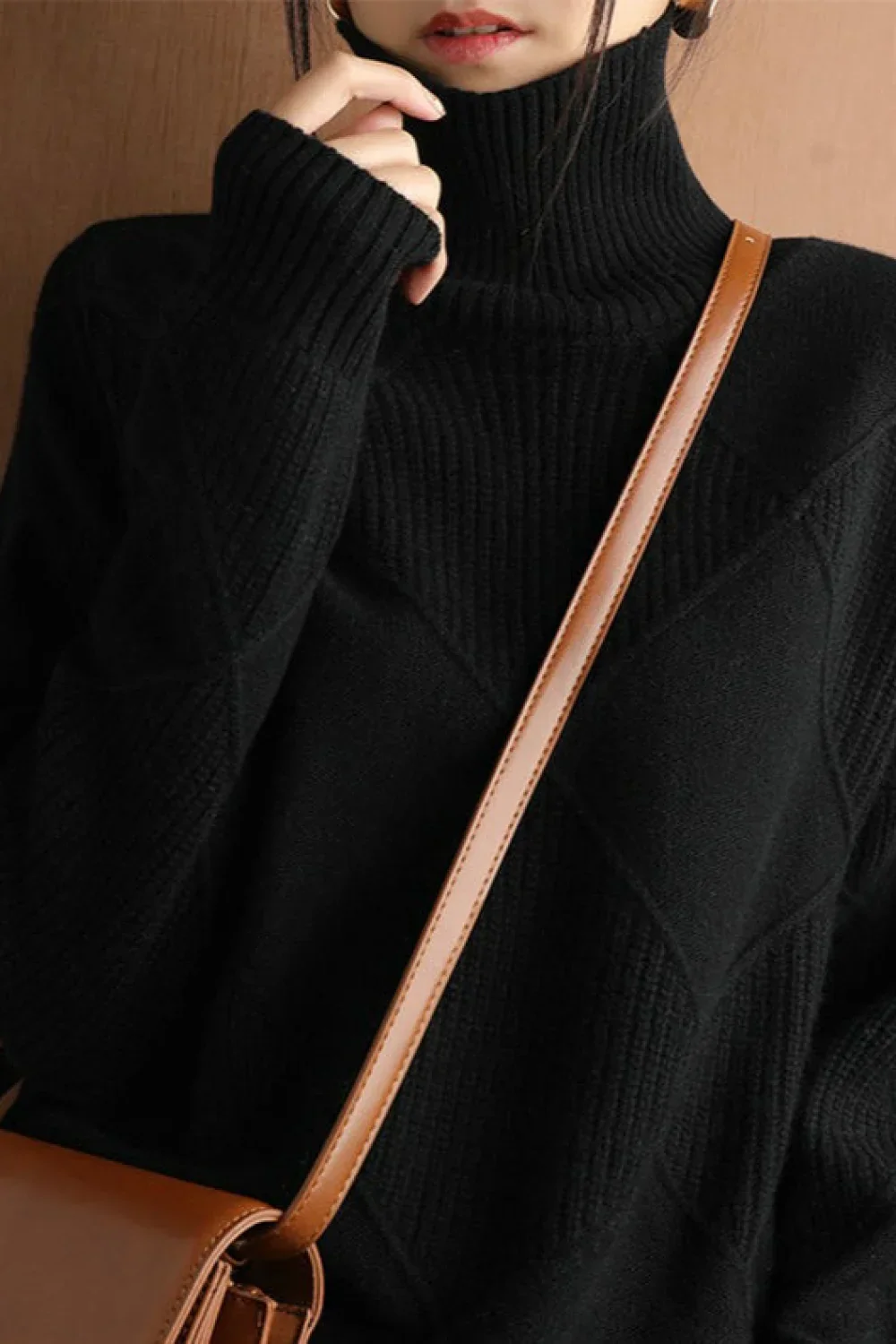 Diamond Pattern Turtleneck Loose Long-Sleeve Sweater - Image 13