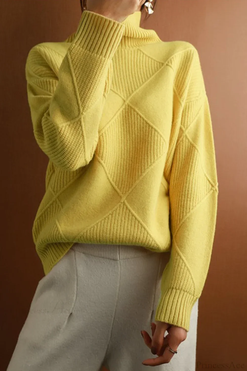 Diamond Pattern Turtleneck Loose Long-Sleeve Sweater - Image 15