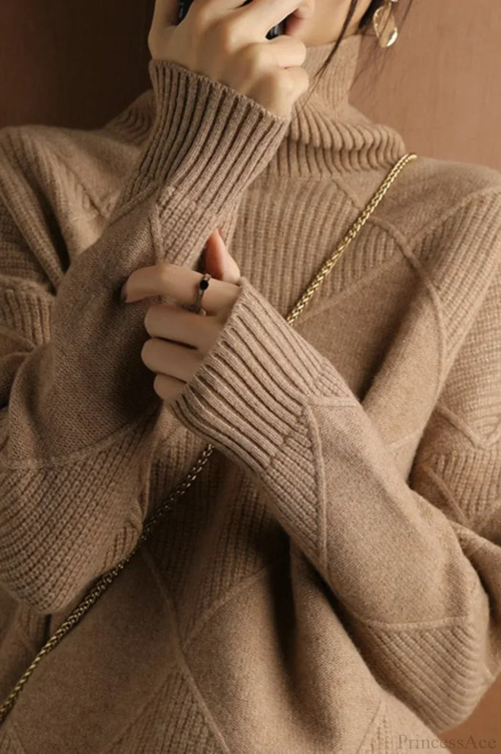 Diamond Pattern Turtleneck Loose Long-Sleeve Sweater - Image 3