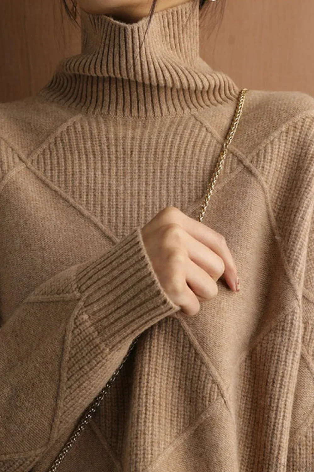 Diamond Pattern Turtleneck Loose Long-Sleeve Sweater - Image 4