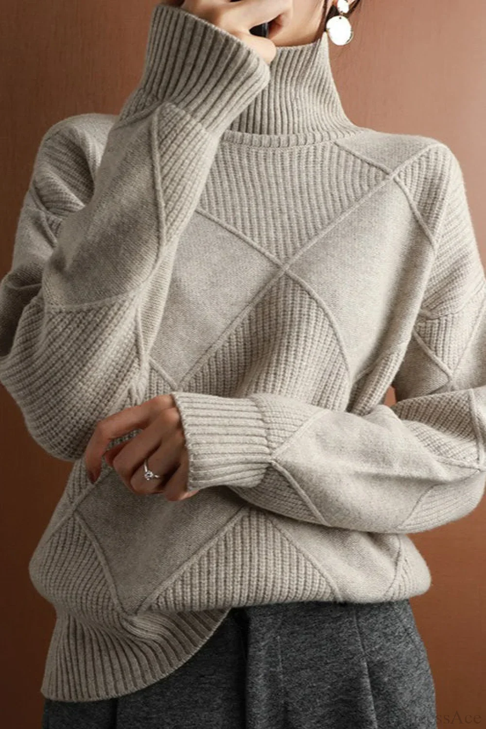 Diamond Pattern Turtleneck Loose Long-Sleeve Sweater - Image 5