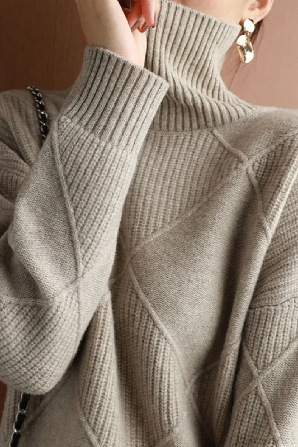 Diamond Pattern Turtleneck Loose Long-Sleeve Sweater - Image 6
