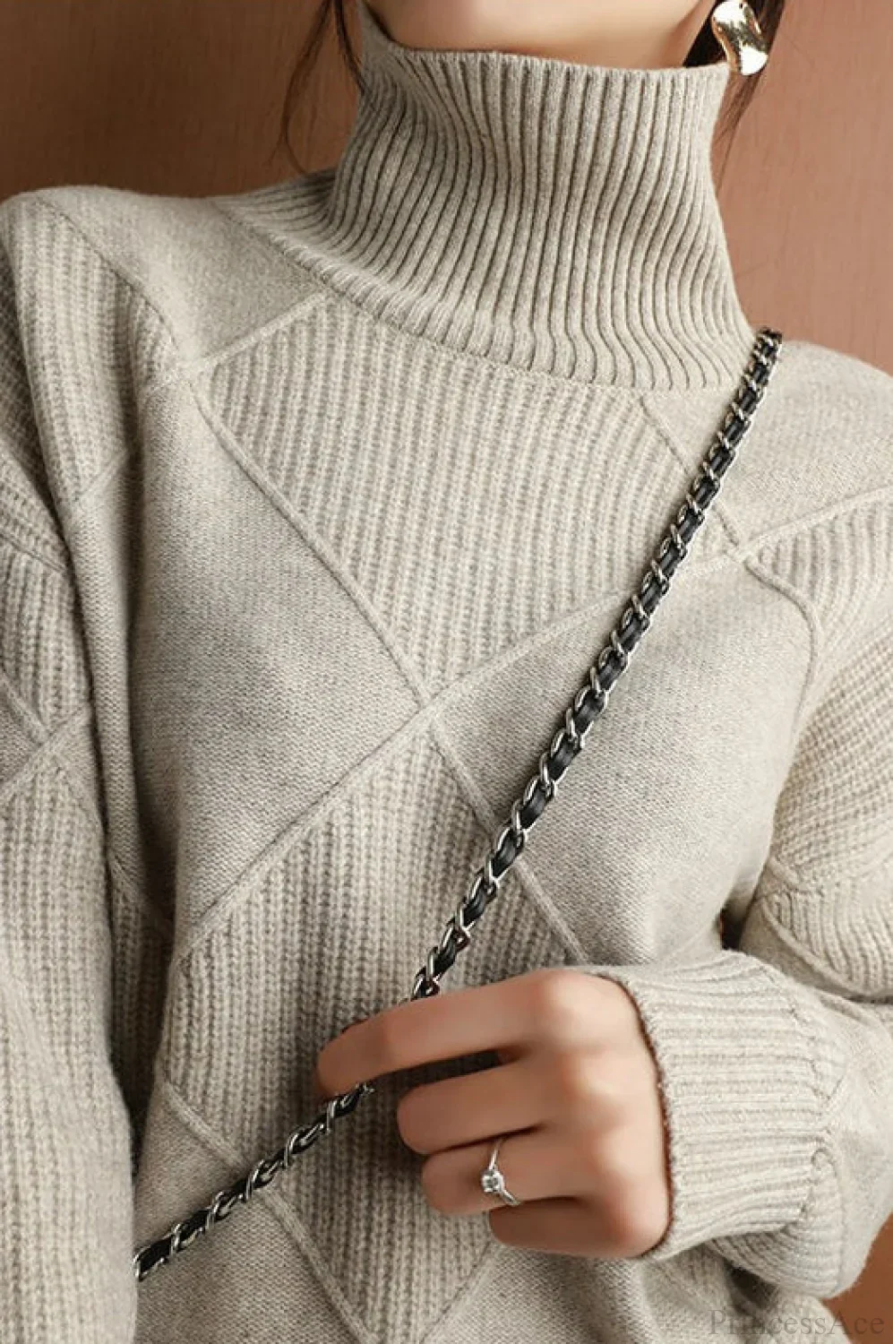 Diamond Pattern Turtleneck Loose Long-Sleeve Sweater - Image 7