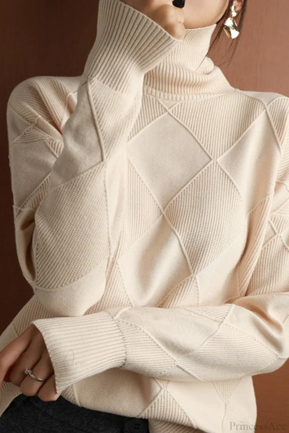 Diamond Pattern Turtleneck Loose Long-Sleeve Sweater - Image 8